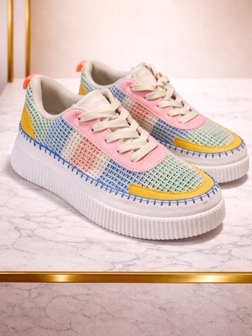 Lucky Step Women's Platform Sneakers, PINK/YELLOW, Size 8